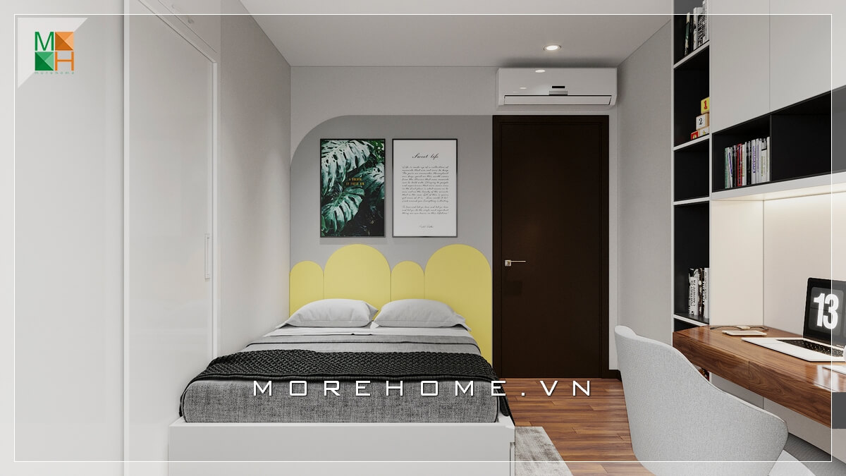 Mẫu giường sofa bọc vải khung gỗ hiện đại bố trí rất phù hợp với không phòng ngủ nhỏ chung cư, nhà phố. Nội thất chung cư hiện đại
