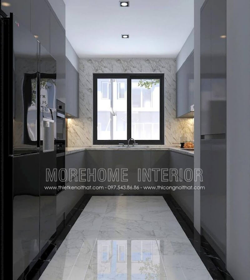 Xu hướng trang trí nội thất phòng bếp sử dụng gỗ công nghiệp acrylic màu xám cùng mảng tường lớn được trang trí bởi đá nhân tạo có vân là điểm nhấn đáng chú ý để bạn có thể rút ngắn thời gian vệ sinh phòng bếp mà vẫn giữ nguyên vẹn vẻ đẹp như ban đầu. Đá ốp bếp biệt thự
