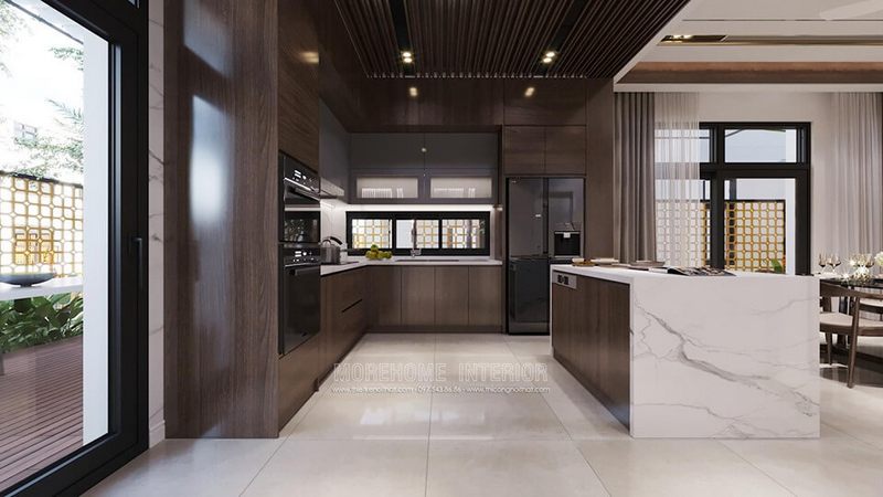 Hình ảnh tủ bếp gỗ óc chó hiện đại, sang trọng đẳng cấp ở biệt thự Starlake Tây Hồ Hà Nội