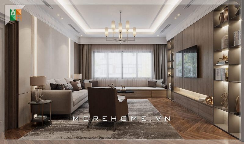 Mẫu thiết kế phòng khách phong cách hiện đại với nội thất gỗ óc chó đẹp sang trọng cho chung cư, nhà phố, biệt thự