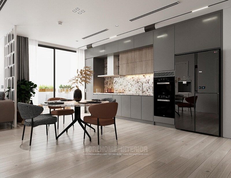 Nội thất phòng bếp chung cư hiện đại với tủ bếp chữ i gỗ Acrylic màu xám